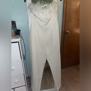 white Jumpsuit with Feather Detail